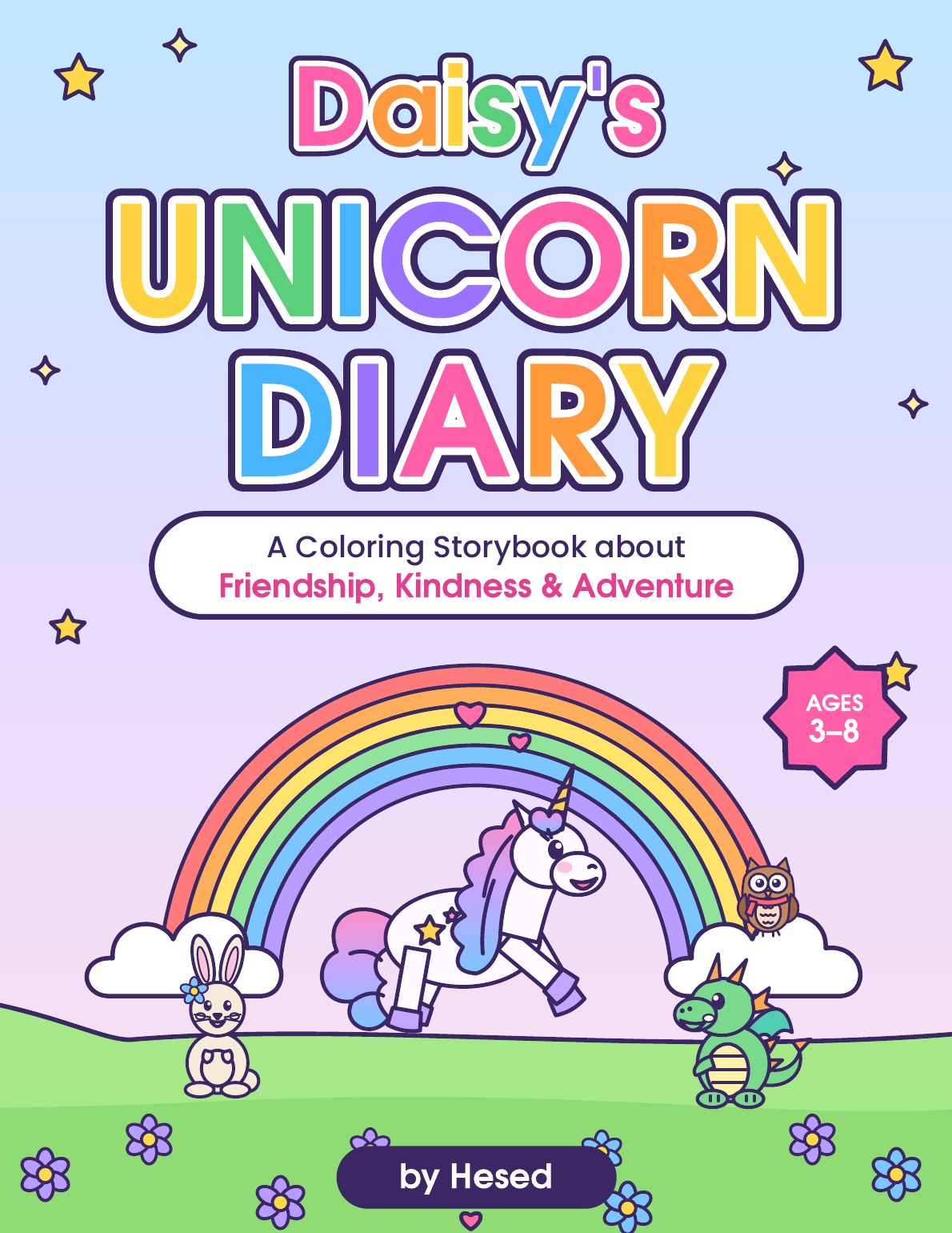 Cover of Daisy's Unicorn Diary by Hesed, showing Daisy the unicorn leaping under a rainbow with her friends